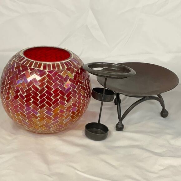 VTG RED AMBER ORANGE MOSAIC GLASS TEALIGHT CANDLE HOLDER WROUGHT IRON STAND - Picture 6 of 8